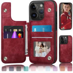 DJDUCK Designed for iPhone 13 Pro Case Wallet with Card Holder, [Magnetic Clasp Cover] [RFID Blocking Leather Protection] Shockproof Women Men Cases 6.1 Inch for Apple 13 Pro Red