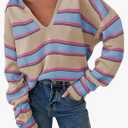 EVALESS Sweaters for Women Long Sleeve V Neck Striped Knit Drop Shoulder Fall Jumper 2025 Henley Pullover L
