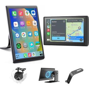 Portable CarPlay Screen for Car Wireless Car Play & Android Auto Touch Screen,7" HD,Landscape&Portrait,1080P Backup Camera GPS Navigation Music Voice Control Bluetooth AUX FM for All Vehicles