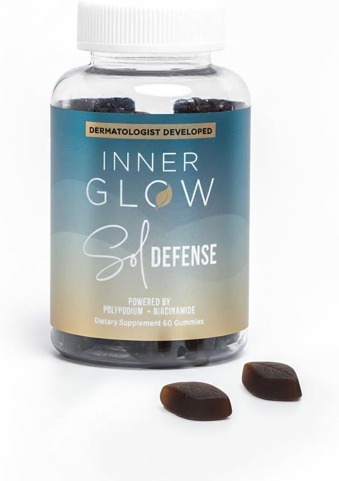 Inner Glow Sol Defense Gummies Dermatologist & Plastic Surgeon-Formulated Skin Resilience Vitamin Supplement with Polypodium Leucotomos & Niacinamide, Passion Fruit Flavor, 60 Sugar-Free Gummies (Best By: 01/2027)