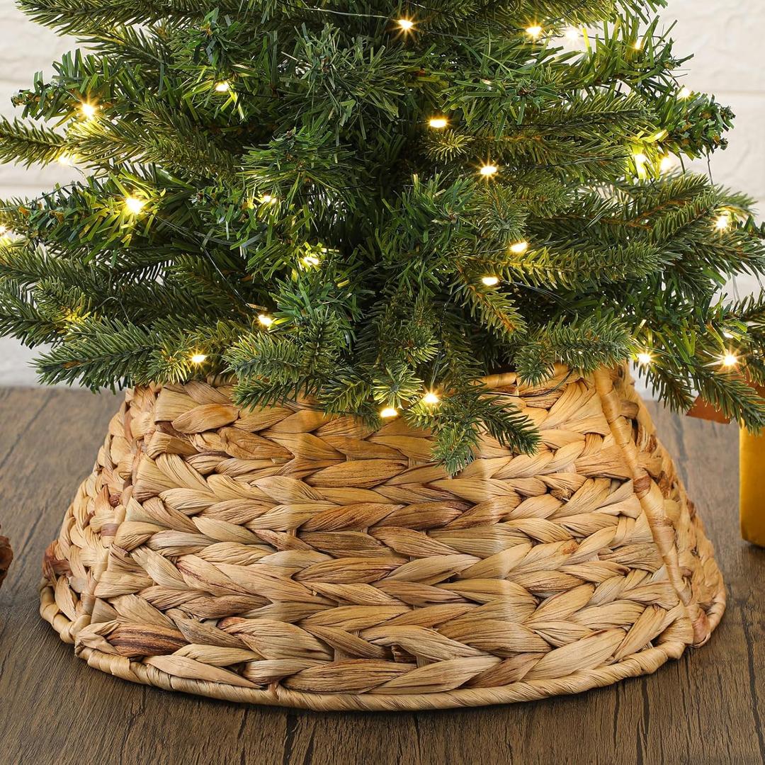 Hollowfly Mini Christmas Tree Collar 17inch Small Woven Hyacinth Tree Skirt Rustic Farmhouse Xmas Stand Base Cover for 4ft Boho Christmas Trees Ring for Xmas Decorations