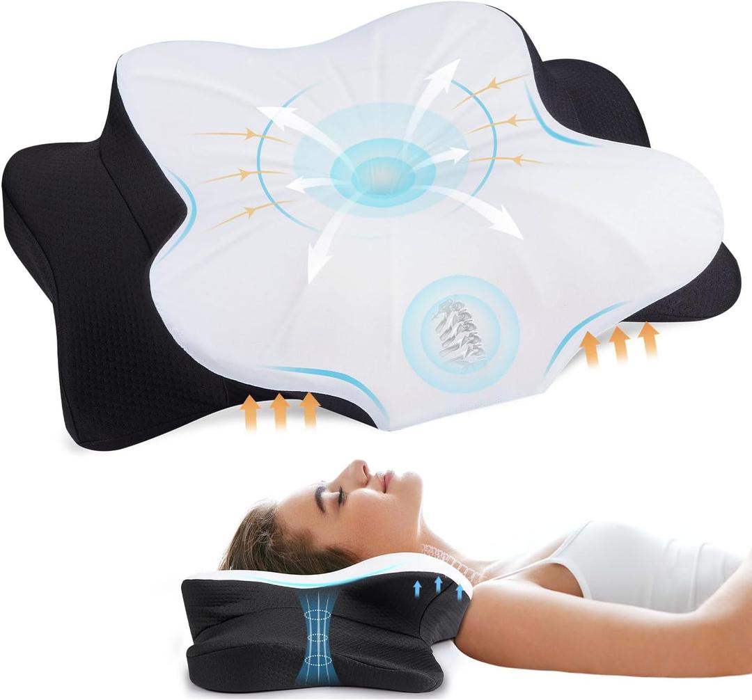 Cervical Neck Pillow for Neck & Shoulder, Ergonomic Contour Memory Foam Pillows for Sleeping with Washable Pillowcase, Cooling Neck Support Pillow for Back Stomach Side Sleeper King Size Black (27.5616.545.51 inches)