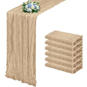 6 Pack Beige Cheesecloth Table Runner 17x108 Inch Semi Sheer Boho Gauze Cheese Cloth Fabric Table Runners, for Wedding Party Baby Shower Birthday Home Decor Garden Farmhouse