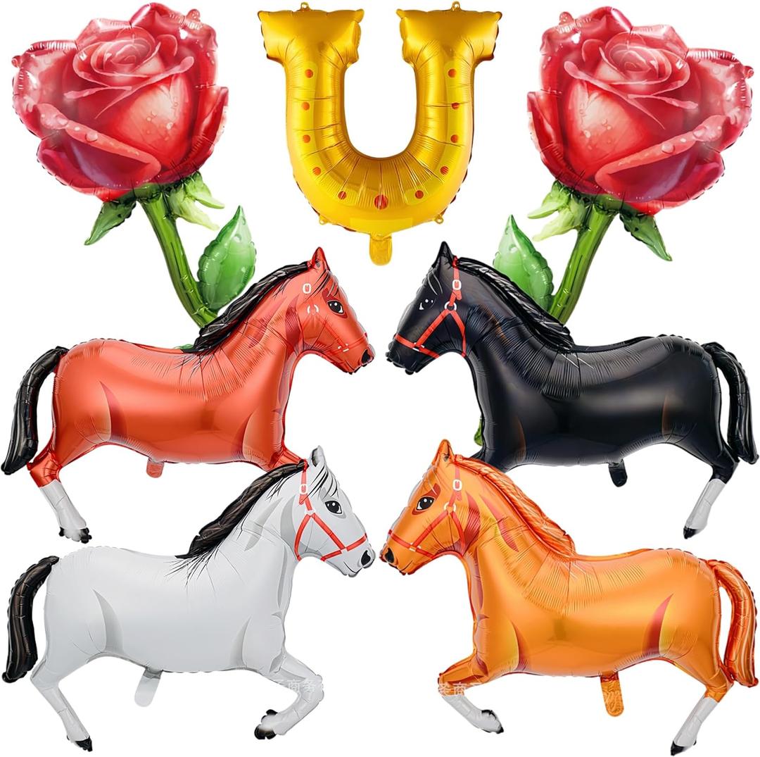 7PCS Run for the Roses Horse Balloon/Kentucky Derby Day Party Decor with Horse Rose Bouquet Gold Horseshoe/Equestrian Race Birthday Party/Girls' Horseback Riding Theme Party/Afternoon Tea Party