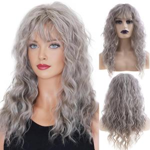 Baruisi Long Curly Wavy Women Wig with Bangs Synthetic Heat Resistant Halloween Cosplay Party Hair Wig, Grey (gray)