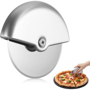 ElevateTech Pizza Cutter Wheel with Safety Blade Handheld Pizza Slicer for Cutting Through Pizzas, Crusts, Pies, Stainless Steel Pizzas Cutters with Comfort Grip, Easy Cleaning Dishwasher Safe, Silver