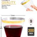 Ciaell 200PCS Gold Plastic Cups - 9Oz Heavy Duty Disposable Clear Plastic Cups with Gold Rim for Wine, Cocktail, Party & Wedding