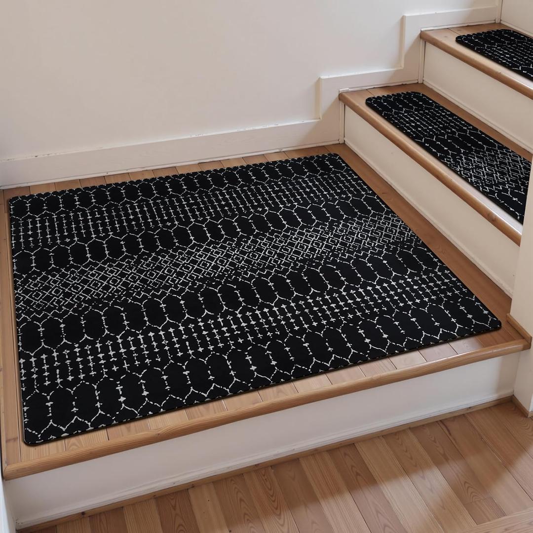 OJIA Stair Treads Non-Slip Landing Mat Indoor Stair Runners for Wooden Steps, Slip Resistant Stair Carpet Treads for Kids and Dogs, Rubber Backing Stair Rugs Mats 32"x32" Corner Square Matching Mat (Black/Boho)