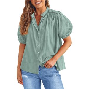 PRETTYGARDEN Women's 2026 Summer Button Down Shirts Short Lantern Sleeve V Neck Cotton Cute Tops Dressy Casual Blouses (S)
