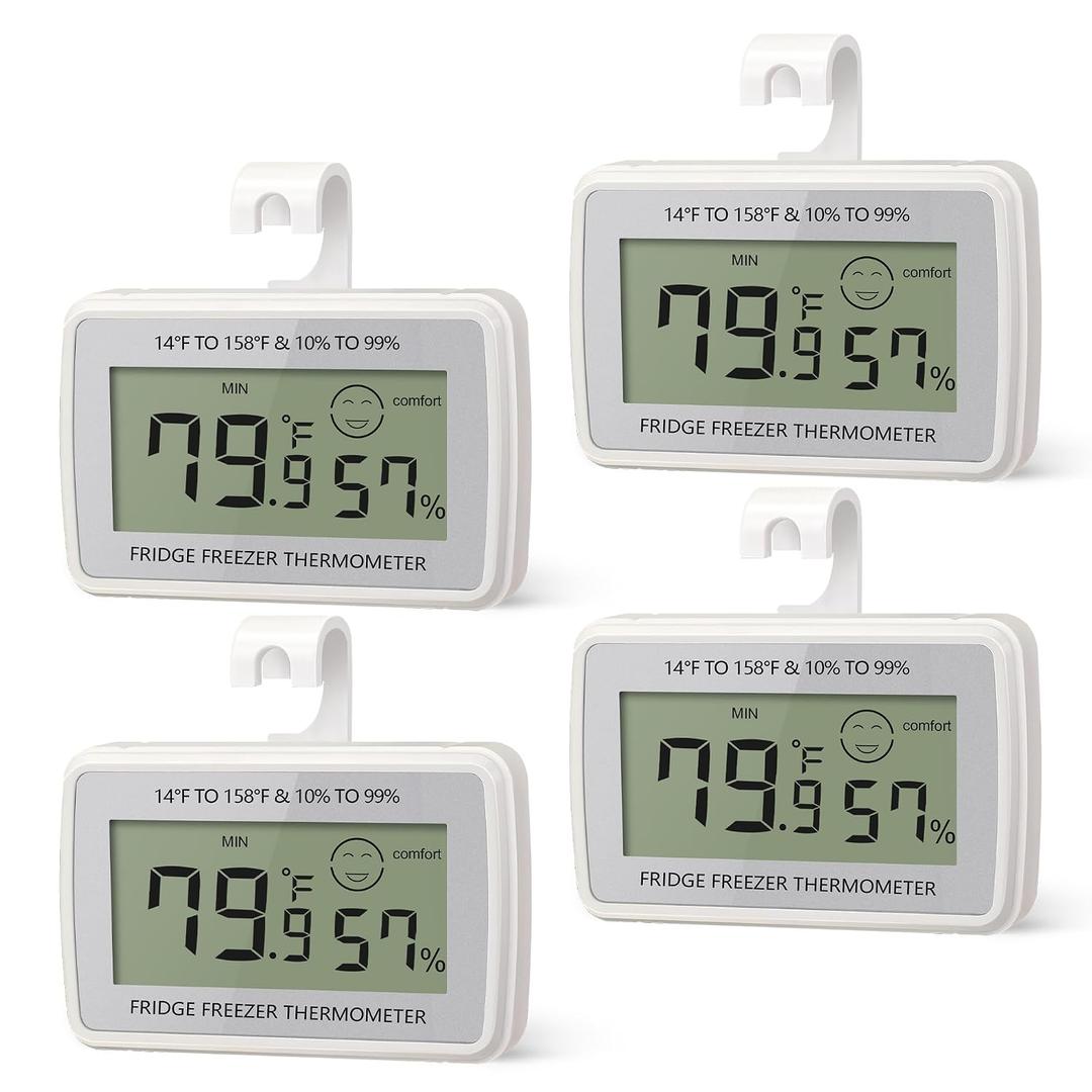 Digital Refrigerator Fridge Thermometer Large LCD Display | Waterproof Freezer Thermometer, Temperature Humidity Sensor, Max/Min Record, Magnetic, Suction Cup, Stand, 4 Pack, Silver