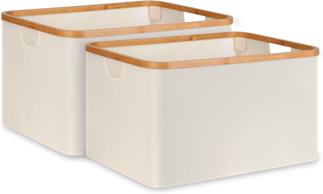 Collapsible Fabric Storage Baskets - Jumbo, Beige Set of 2 with Bamboo Handles for Shelves and Closet Organization (21.2'' x 14.5'' x 11.8'', Beige)