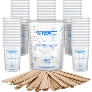 TCP Global 20 Ounce (600ml) Disposable Flexible Clear Graduated Plastic Mixing Cups - Box of 100 Cups & 50 Mixing Sticks - Use for Paint, Resin, Epoxy, Art, Kitchen - Measuring Ratios 2-1, 3-1, 4-1 ML
