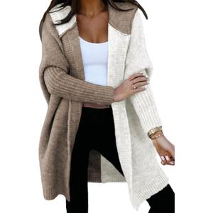Astylish Women 2025 Fall Outfits Open Front Long Sleeve Hooded Knit Cardigan Sweaters Color Block Outwear Coats (Small, Khaki)