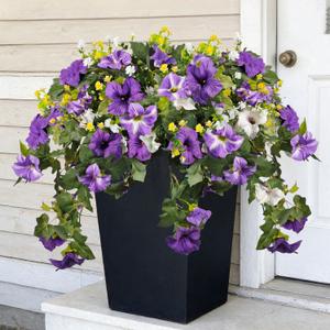 5 Bundles Artificial Fake Flowers Plants for Outdoor Decoration, Fake Silk Petunias Flowers with Fake Wheat Grass UV Resistant for Home Outside Garden Balcony Yard Porch Decor (Purple White Yellow)
