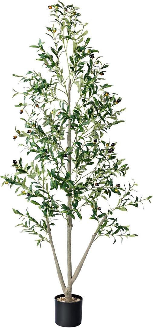 Olive Trees Artificial Indoor, 6FT Tall Faux Olive Tree with Lights, Moss and Planter, Artificial Plants Indoor with Natural Wood Trunk and Lifelike Fruits, Fake Tree for Home Office Living Room Decor
