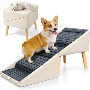 17" H Dog Stairs for Small Dogs 4-Step Non-Slip Dog Ramp for Couch | Foldable 2-in-1 Pet Stairs & Ottoman, Upgraded Pet Steps for Puppies, Senior Dogs & Injured Pets, Solid Wood Frame (Beige)