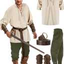 Jiuguva 4 Pcs Halloween Men's Renaissance Costume Set Medieval Pirate Shirt Ankle Banded Pants Viking Belt Accessories