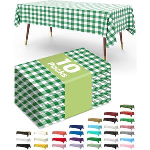 Pureegg Plastic Table Cloth Disposable 10 Pack, 54 x 108 Inch Table Cloths, Party, Picnic, Decorative Gingham Tablecloths, Rectangle, Green and White Checkered Cover, Leakproof & Sturdy, Green Plaid
