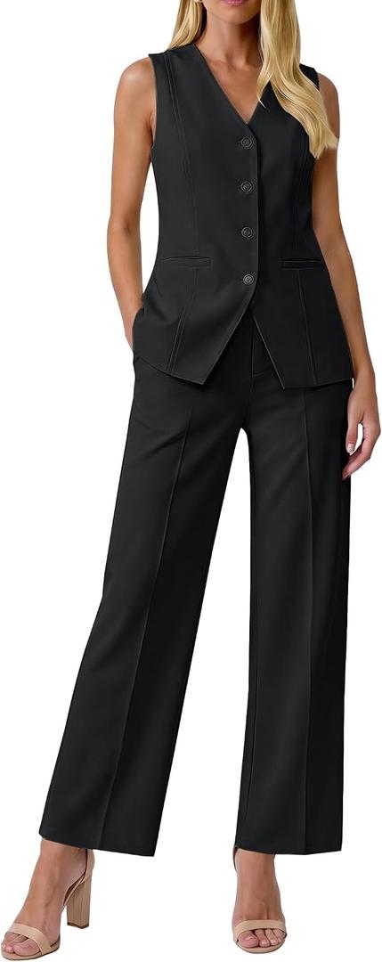luvamia Vest Pants Suits for Women Dressy 2 Piece Sets Sleeveless Blazer Straight Leg Dress Pants Business Casual Outfit, Black, Large