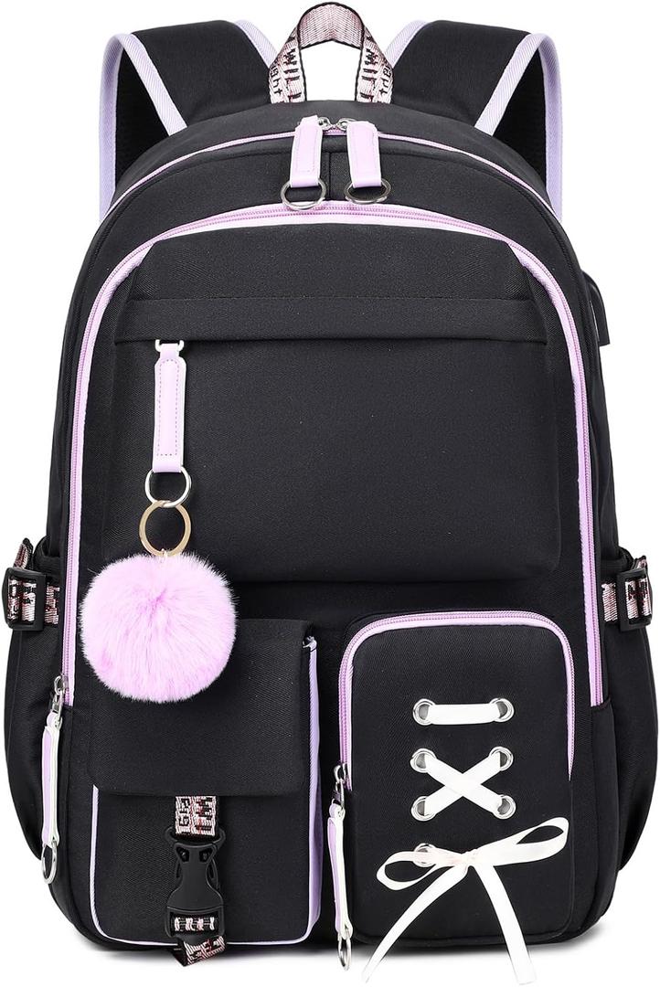 Backpack for Girls Women College Laptop Backpacks Girl Cute School Bag Kids Bookbag with USB Charging Port College Middle High Elementary School Backpack for Teen Girls Travel Daypack (Black)