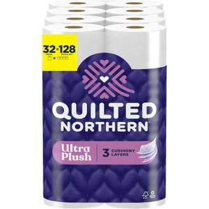 4 x Quilted Northern Ultra Plush Toilet Paper, 32 Mega Rolls = 128 Regular Rolls, 3X Thicker*, 3 Ply Soft Toilet Tissue