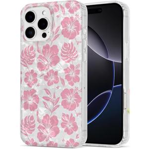 Case Compatible with iPhone 16 Pro, Floral Flower Pattern Aesthetic Phone Case for Women Girls Clear Shockproof Protective Phone Cover - Pink Flowers