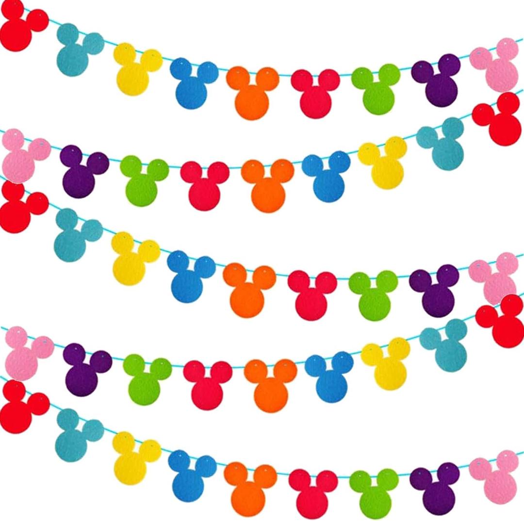 45pcs Rainbow Mouse Head Banner Flags Colorful Felt Fabric Cartoon Banners Reusable Cutouts Mouse Garland for Birthday Party Decoration Supplies, Room Decor, Baby Shower, Classroom Decorations