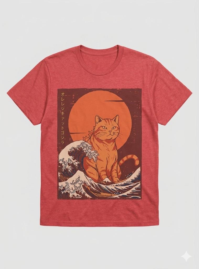 Orange Cat Monster Catzilla Wave Japanese Art Women Men Kids T-Shirt Medium