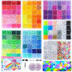 Gionlion 7 Boxes Pony Beads Bracelet Making Kit, 144 Colors 6x9mm Kandi Rave Beads, Friendship Bracelet Kit with 800Pcs Letter Bead for DIY Jewelry, Keychains, Arts and Crafts Gifts