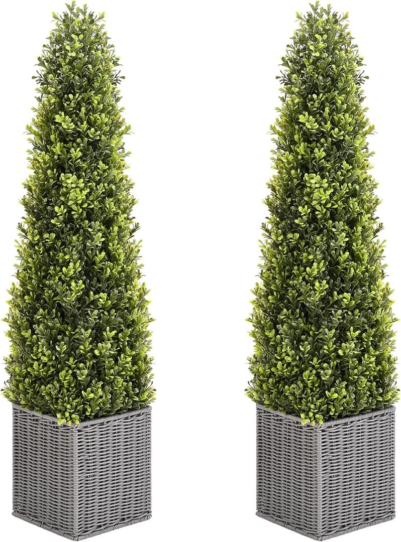 48 Inch Artificial Boxwood Outdoor Topiary Tree Set of 2, 4FT Potted Boxwood Tree Cone Topiary Artificial Plant Shrub for Front Porch Home Office Decor