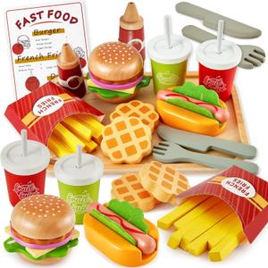 BUYGER Play Food Sets for Kids Kitchen, Wooden Fast Food Hamburger Play Set, Pretend Play Kitchen Accessories Toy Food Gifts for Ages 3 4 5 Years Old Toddler Kids Boys Girls