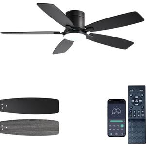 Ayaoty Ceiling Fans with Lights, 52 inch Low Profile Ceiling Fan with Light and Remote Control, Flush Mount, Reversible Motor, Dimmable, Noiseless, Black Ceiling Fan for Bedroom, Indoor/Outdoor Use