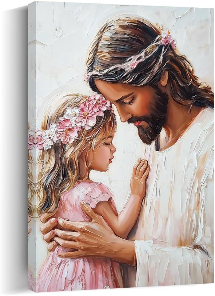 QIXIANG Religious Canvas Wall Art Jesus and Little Girl Prayer Picture Prints Pink Christian Painting Easter Christmas Gift Home Decor Framed(Pink,24L x 16W)