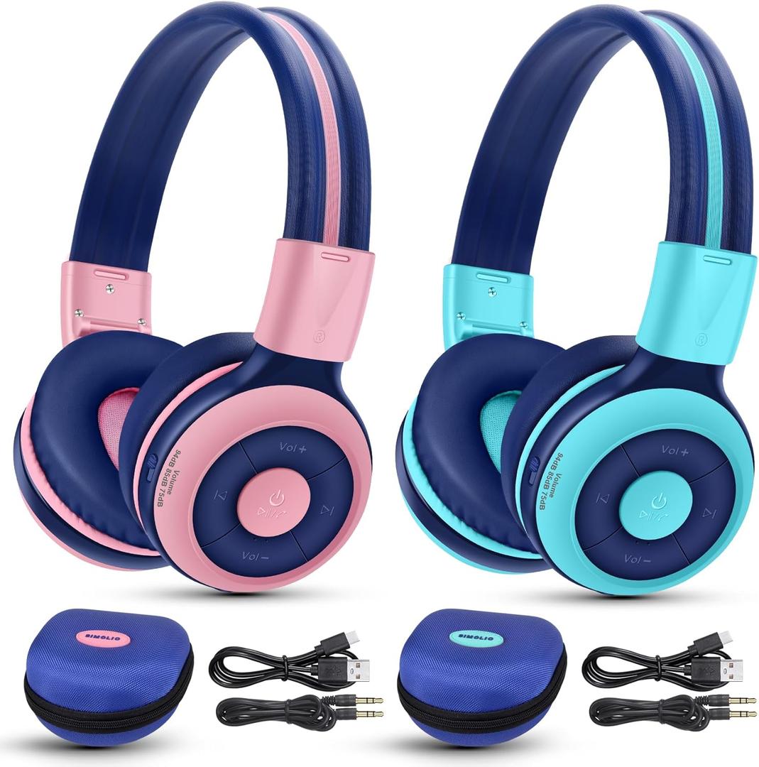 SIMOLIO Kids Headphones Bluetooth Pack of 2 with 75dB,85dB,94dB Volume Limit, Wireless Kids Headphone with Mic & Hard Case, Children Headsets with Share Jack for Girls Boys, Toddlers (Pink+Mint)