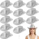 12 Pcs Cowboy Hat Sparkly Glitter Neon Cowgirl Hats (Silver)