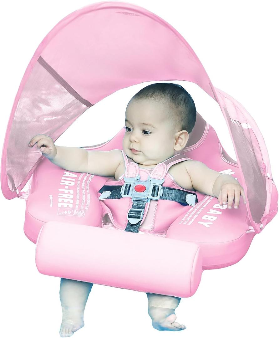 Mambobaby Float with Canopy Size Improved Non Inflatable Infant Baby Pool Float Smart Mambo Float Swim Trainer Add Tail Baby Swim Float Mambo Baby Float Solid Air Free Water Waist Swimming Ring, Pink And Blue, Pack of 2