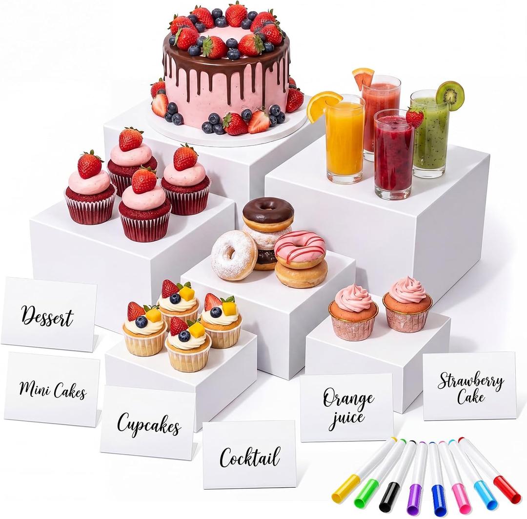 Yinder 6 Pcs White Paper Buffet Risers with Mini Table Sign and Marker Food Nesting Risers for Buffet Table Display Stand Shelf for Party Catering Dessert Jewelry ( 8", 7", 6", 5", 4", 4")