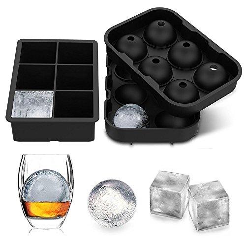 Large Ice Cube Trays Ice Ball Maker with Lids Combo(Set of 2), Silicone Sphere & Square Flexible Ice Cube Molds for Cocktails, Whiskey, Juice and Any Drinks- Reusable & BPA Free (Black)