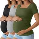 Huukeay 3 Pack Women's Maternity Shirt Ribbed Cotton Short Sleeve Maternity Top Square Neck Side Ruched Summer Pregnancy Tees (Large, Black, Heather Gray, Army Green)
