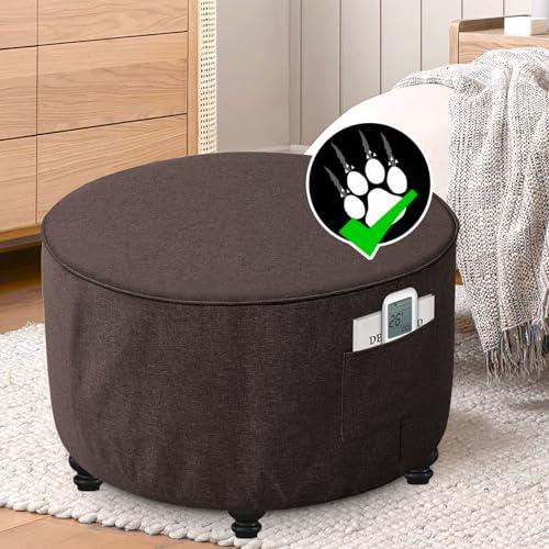 H.VERSAILTEX Round Ottoman Cover Thick Linen Look Ottoman Slipcover Round Ottoman Storage Cover Folding Stool Covers Furniture Protector Cover for Footrest Ottoman Fit Dia 36" - 38", Heather Chocolate