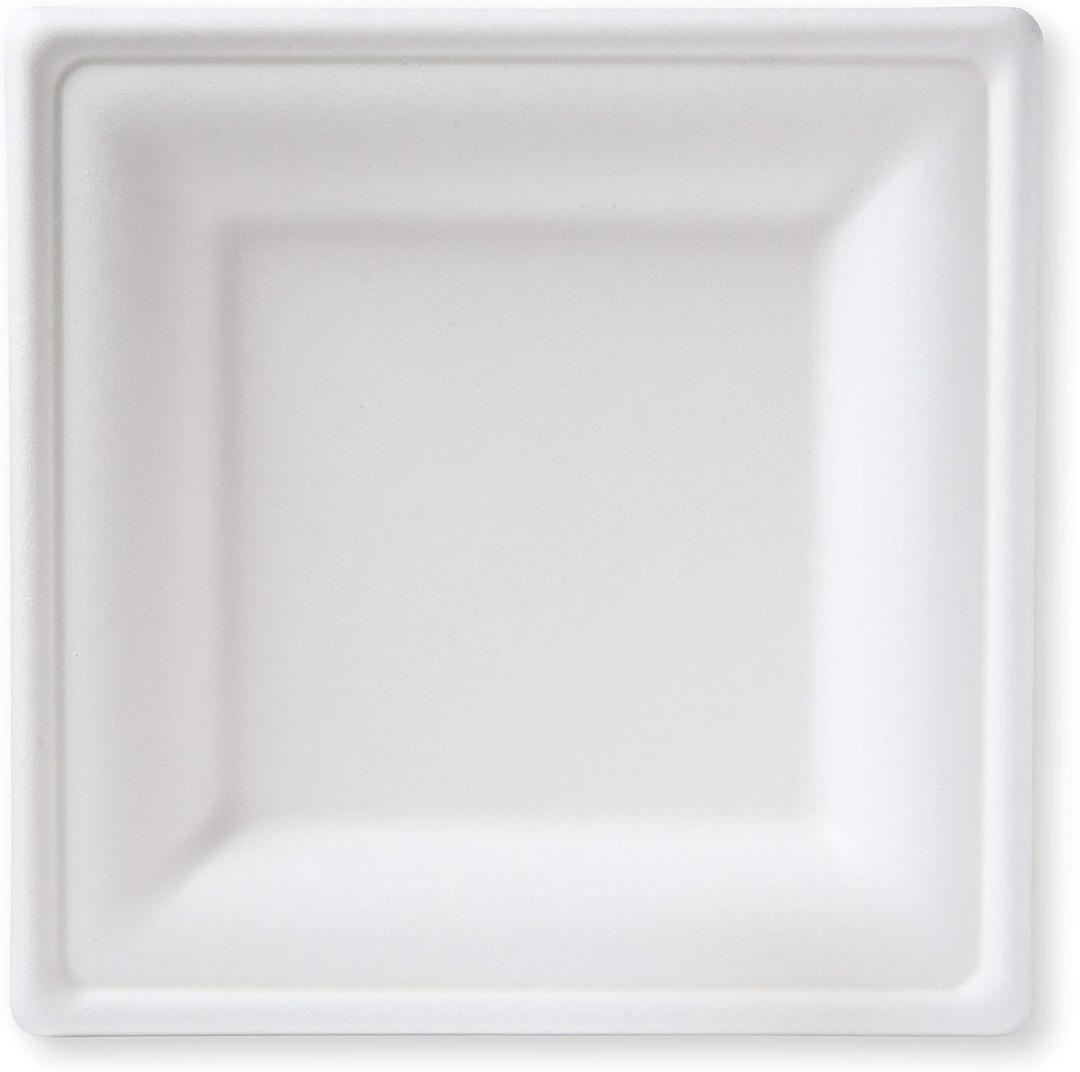 Susty Party 10-Inch Compostable Square Plates (50-Count), Sugarcane Heavy Duty Disposable Biodegradable Plate for Dinner, White