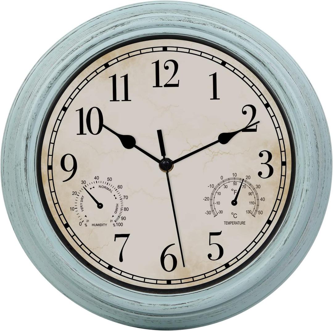 12 Inch Indoor Outdoor Retro Waterproof Wall Clock with Thermometer and Hygrometer, Battery Operated Quartz Round Wall Clock Silent Non Ticking Home Decor,Blue
