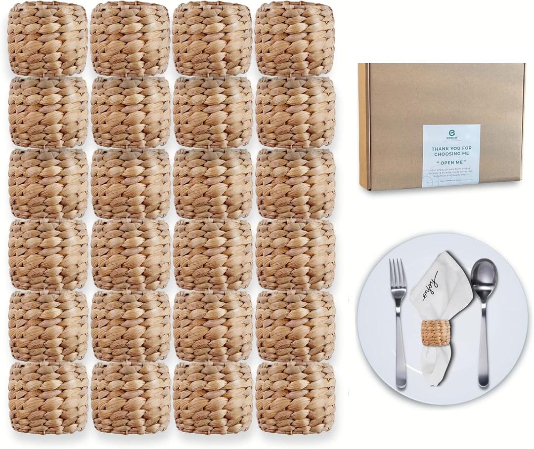 Wicker Rustic Napkin Rings Set of 24, Round Woven Boho Napkin Rings Handmade by Natural Water Hyacinth - Perfect for Farmhouse Party, Wedding, Dining Room, Table Decoration