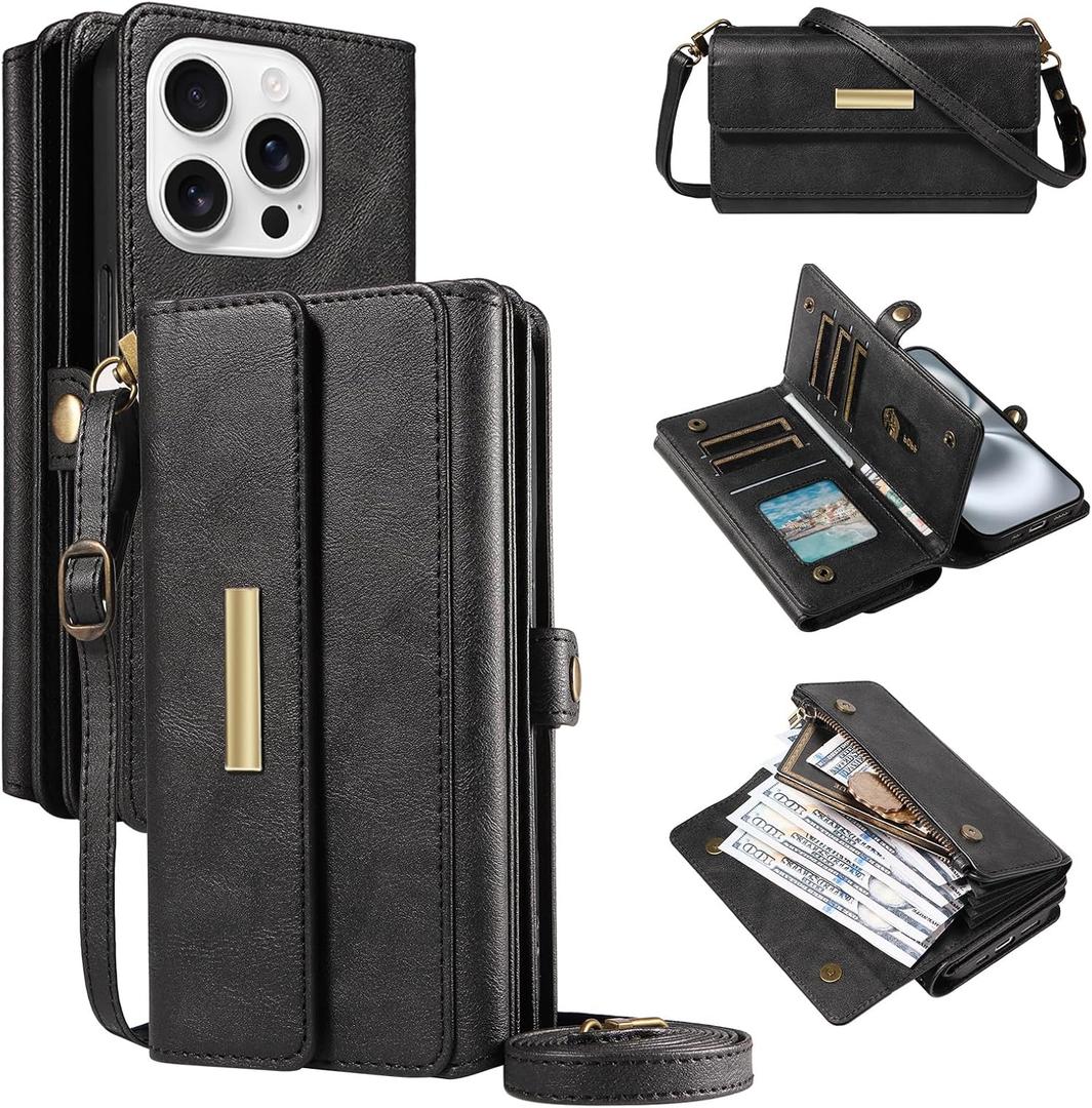 Caseurban Wallet Case Compatible with iPhone 16 Pro Max PU Leather Shoulder Strap Detachable Case RFID Blocking Card Holder Slots Kickstand Shockproof Protective Phone Cover for Women Men Black
