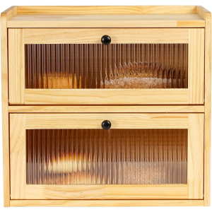 Sunhoo Bread Box for Kitchen Countertop Wooden Bread Storage Container Bin 2 Layer Breadbox Holder Large Capacity Keeper Vintage Farmhouse Food Organizer Pantry Shelf Acrylic Window（Wood color）