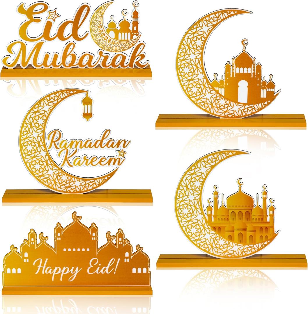 WATINC 5pcs Ramadan Wooden Centerpieces Decorations, Eid Mubarak Table Topper Decor, Happy Ramadan Kareem Wood Tiered Tray Signs, Al-Fitr White Gold Detachable Tabletop Party Supplies for Home Kitchen