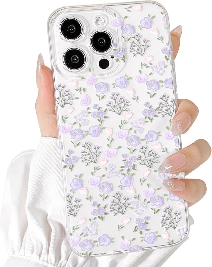 Lovmooful Compatible for iPhone 14 Pro Case Cute Clear Oil Flower Floral Design for Girls Women Soft TPU Shockproof Protective Girly for iPhone 14 Pro-Purple Rose