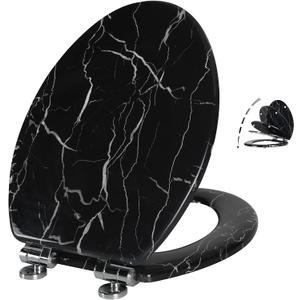 Angel Shield Marble Toilet Seat Durable Molded Wood with Quiet Close,Easy CleanQuick-Release Hinges (Elongated,Black Marble) (Elongated-18.5)