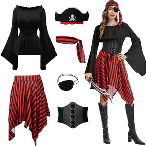 Pirate Costume Women Renaissance Shirt Dress with Head Scarf Halloween Pirate Queen Outfit, XL