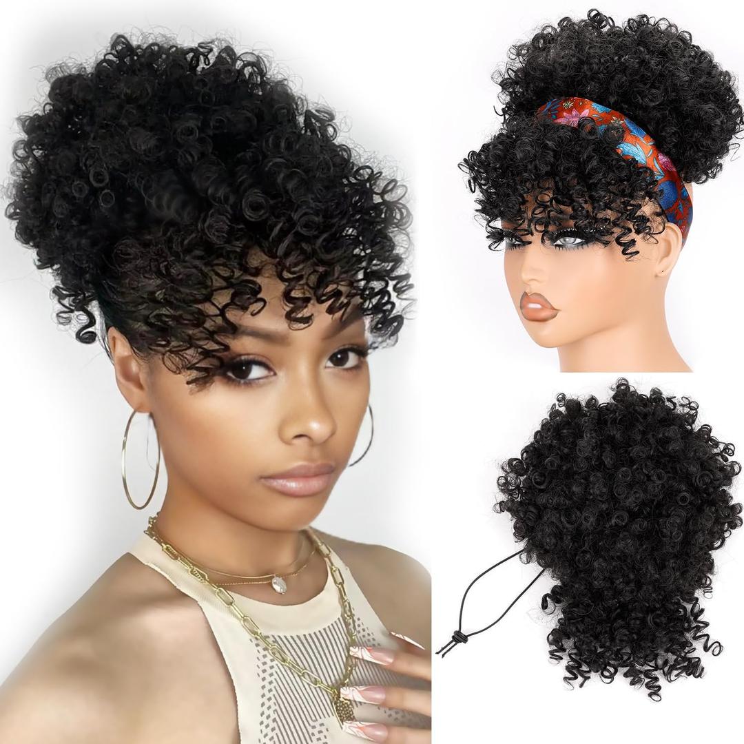 builson Drawstring Ponytail for Black Women, Afro Puff Kinky Curly Hair Ponytail Extension with Bangs Black Updo Natural Hair Ponytail (1B Natural Black)